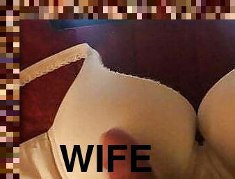Stroking to lingerie wearing wifes panties bra with cumshot