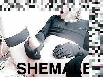 onani, shemale, cumshot, stor-pikk, runking, strømper-stockings, cum, webkamera, alene, pikk