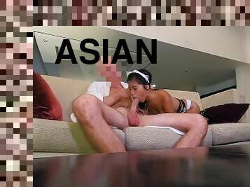 Tiny Asian maid struggles to take the bosses big cock