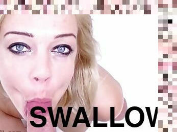 Slutty Blonde swallows cum