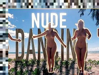 nudist, zunaj, javno, žena, amaterski, plaža, plesoče, ekshibicionist