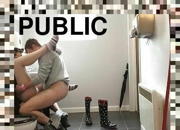 Dirty slut fucked and takes full load in public bathroom