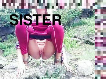Step Sister in yoga pants peeing in Waterfall's stream - Angel Fowler