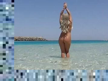 nudist, offentlig, russisk, kone, amatør, skønheder, strand, blond, perfekt, solo