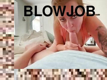 Blowjob and cum swallow with amazing cleavage,