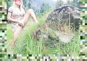 extremo, al-aire-libre, meando, público, squirting, bragas, ángel, bosque