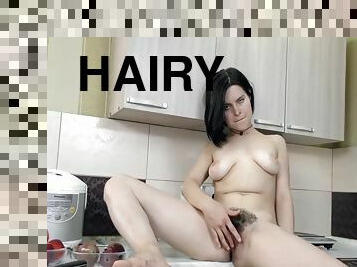Gorgeous Hairy Brunette Masturbates In Her Kitchen With Ole Nina