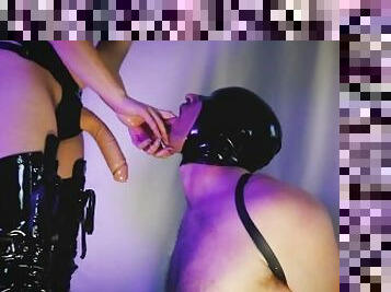 With his arms restrained Brodie's sub does his best to deepthroat their cock and worship their ass