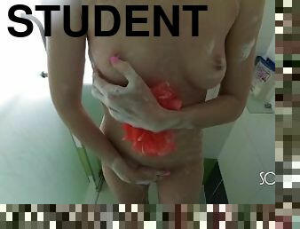 Girl play with pussy in student dorm bathroom, public shower masturbation
