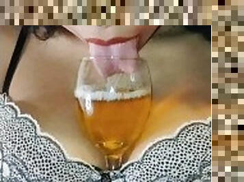 Stepdaughter with makeup drinking your cup of piss concentrated