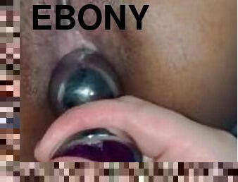 Buttplugging ebony handcuffed teen! The metal plug is unforgiving