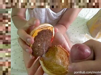 Food fetish burger blowjob and ball sucking