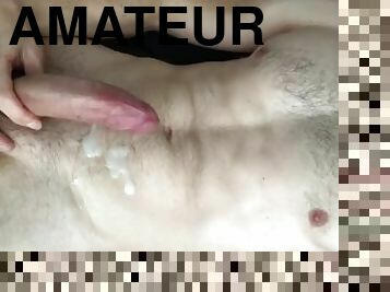 Extremely horny fit moaning guy stroking perfect cock, thick cum load. Intense solo male masturbates