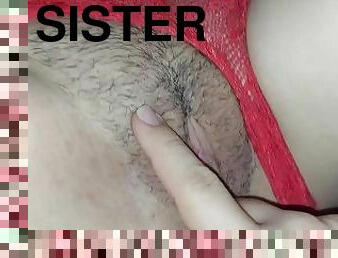 Playing with my stepsister on her bed, delicious her pussy with her red panty