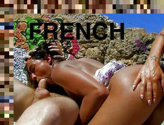 French amateur threesome ffm at beach with strapon + anal