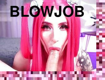 Hottie with pink hair gives a deep salivating blowjob POV