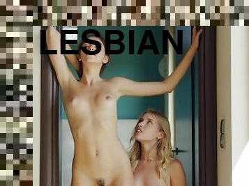 masturbation, collants, chatte-pussy, lesbienne, blonde, belle, brunette