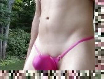 Hot thong twink showing off his pink thong bulge