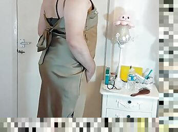 Redhead crossdresser in full length dress