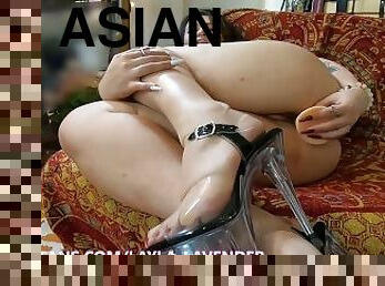 Cute tattoo Asian in heels fucks dildo while wearing butt plug