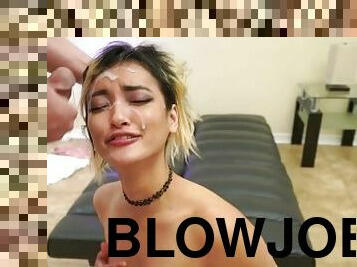 Channy Crossfire shows off her bj skills and literally gets her face drenched in cum