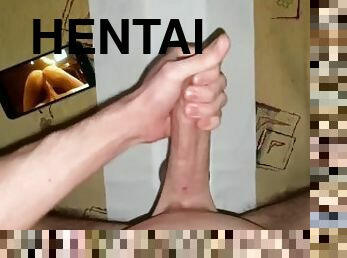 Hot guy jerks off while watching hentai cums a lot and moans with pleasure
