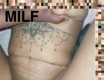 Tattooed milf fucked hard missionary + cum shot