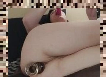 Sexy post op trans punk lesbian double penetrated with a big glass dildo and a big silicone dildo