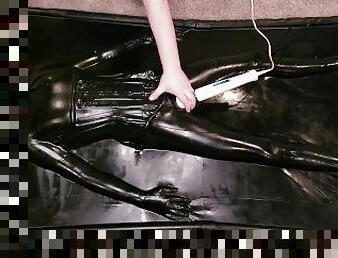 Sealed & Teased in Layers of Latex: Slut Enjoys Breath Play & Orgasms in a Catsuit, Corset, & Vacbed