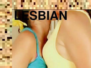 interracial, lesbiana, besando, acción