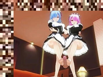 3D HENTAI POV Rem and Ram footjob your cock