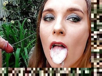 Sloppy blowjob outdoors - lots of spit, drooling and oral creampie - closeup