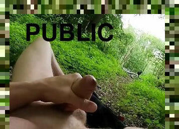 BWC Naked handjob outside with cumshot in the woods public path