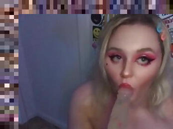 Horny E girl sucks on her dildo