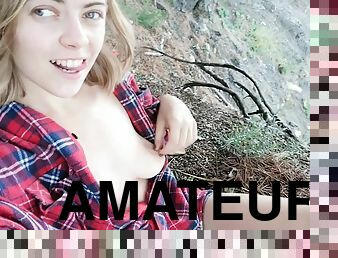 zarastené, vonku, pička, amatérske, creampie, prstovanie, semeno, blondýna, sólo