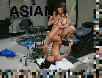 asiático, mamilos, cona-pussy, babes, lésbicas, mulher-madura, casal, carro, pés, meias-calças