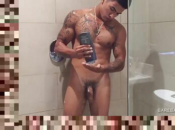 banhos, masturbação, tiro-ao-alvo, gay, latina, gozando, jovem18, chuveiro, sozinho, musculado