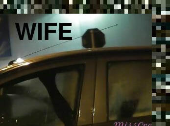 esposa, cámara, voyeur, coche, zorra-slut