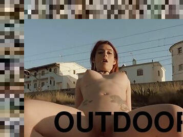 Redhead bitch sucks Jordi cock and gets fucked outdoors