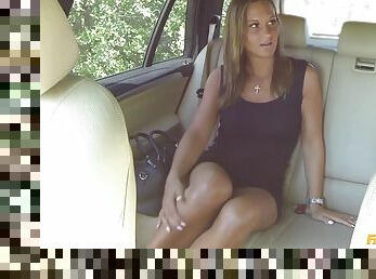 Slender blonde with natural tits fucks for spy cams in taxi