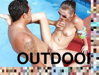 Outdoor poolside sex with small bodied tiny Carolina Sweets
