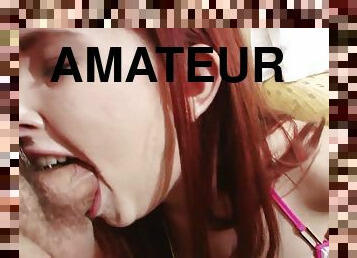 Young sassy redhead chick throat fucking in amateur POV clip