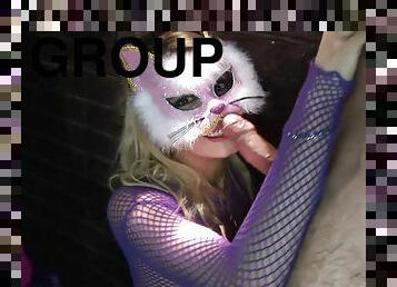 Masked sluts in fishnets enjoy foursome anal sex with cumshot