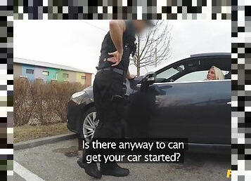 Small tits blonde babe gives head in police car & gets nailed