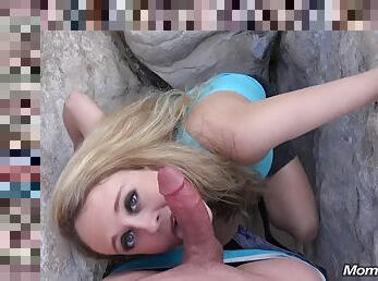 Blonde minx sucks and fucks big throbbing cock outdoors