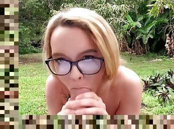 Nerd teen in glasses gets paid for POV outdoor blowjob and doggy sex