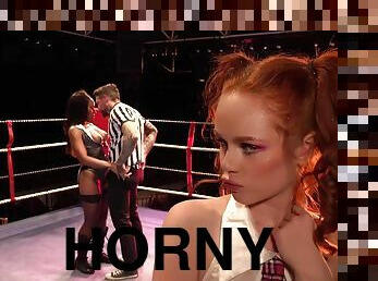 Two horny bitches sharing rock hard cock in the ring