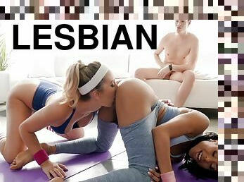 Justin Hunt watches sporty lesbians making love in gym
