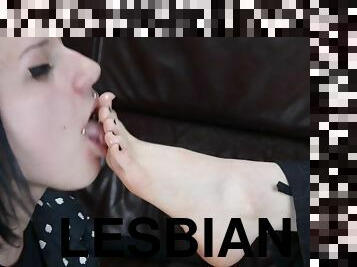 Saliva soaked feet - brunette Clarissa in lesbian footworship femdom