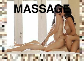 Erotic massage leads to ejaculant-swapping threesom